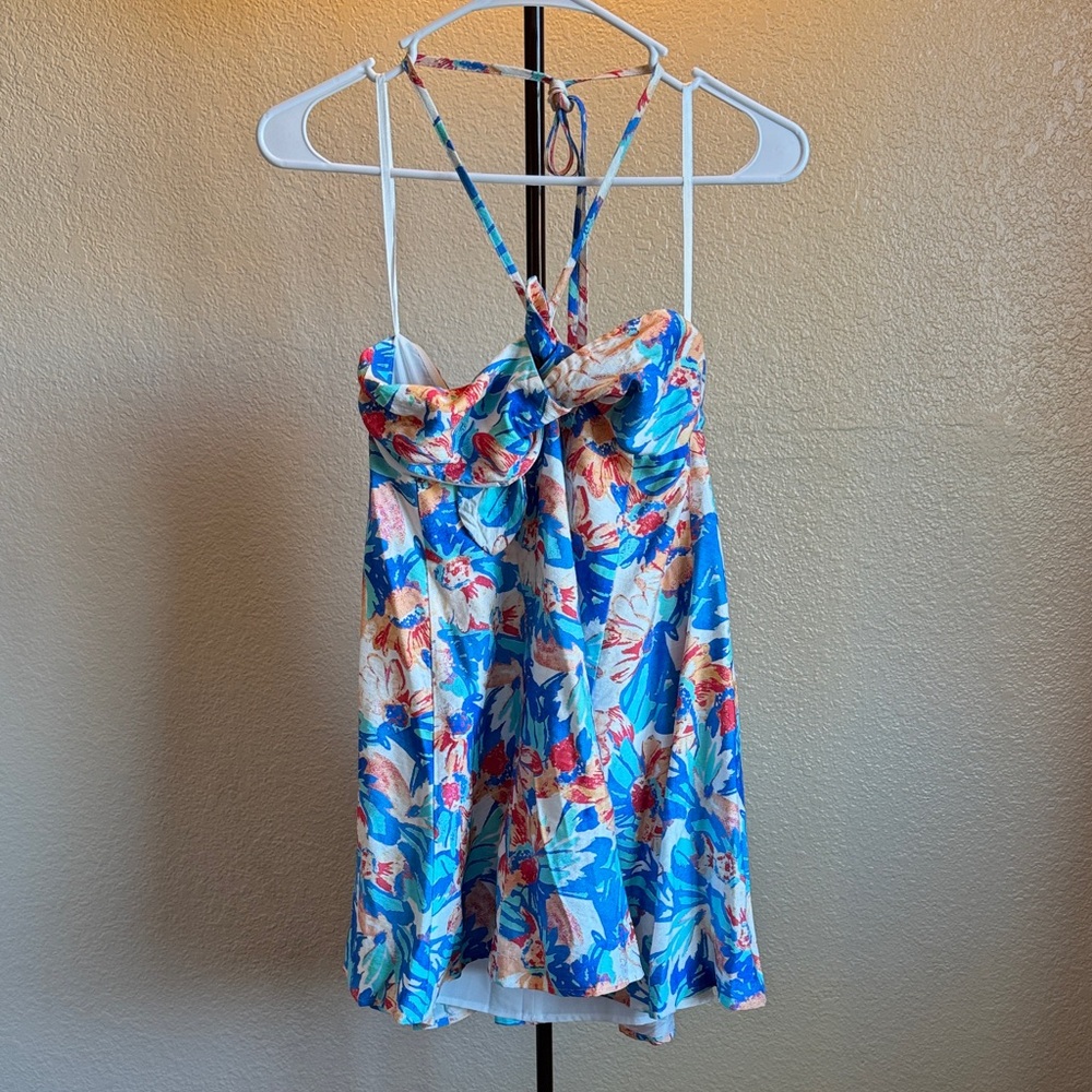Hello Molly Blue Floral Mini Dress with Pink & Cream Accents - Picture 2 of 3
